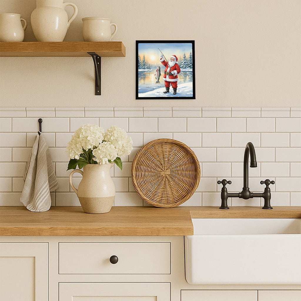 Fishing Santa Claus with Rainbow Trout Christmas Framed Metal Print Bathroom, Kitchen, Office, Home Decor Wall Art Ready to Hang, Square, 8X8