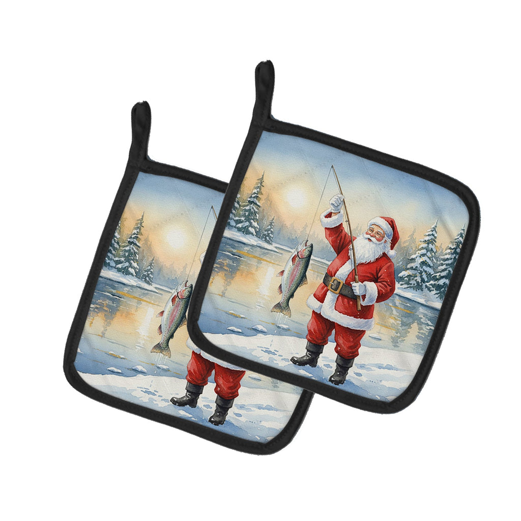 Fishing Santa Claus with Rainbow Trout Christmas Pot Holder Set of 2 Heat Resistant Quilted Hot Pads 7.5 x 7.5 Inch, Insulated Kitchen Trivets for Cooking & Baking