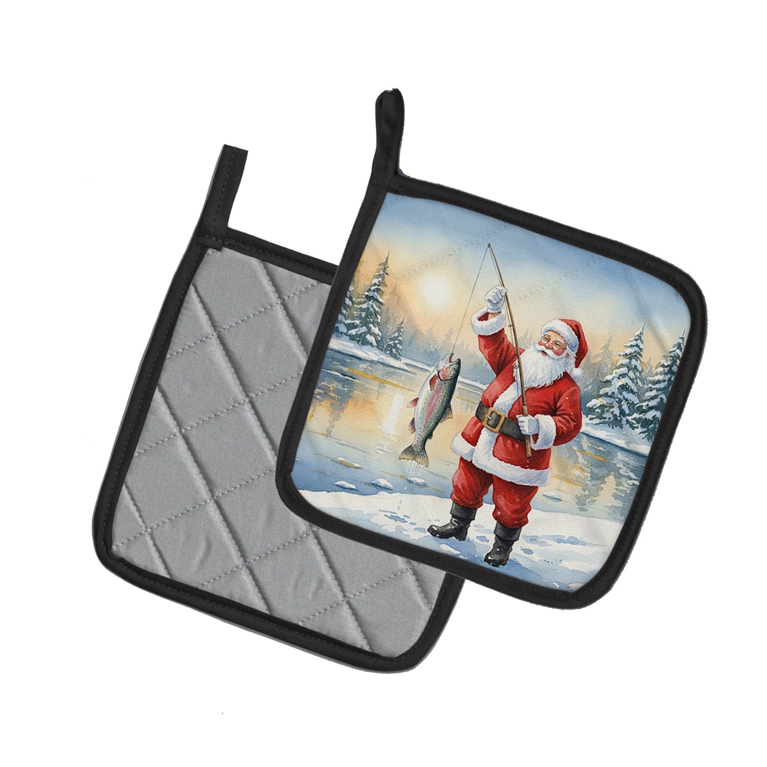 Fishing Santa Claus with Rainbow Trout Christmas Pot Holder Set of 2 Heat Resistant Quilted Hot Pads 7.5 x 7.5 Inch, Insulated Kitchen Trivets for Cooking & Baking