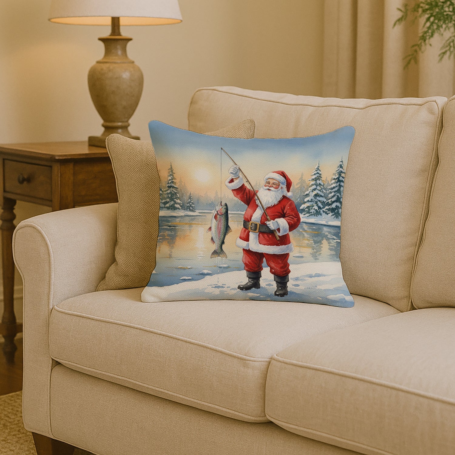 Fishing Santa Claus with Rainbow Trout Christmas Decorative Throw Pillow 14x14 Indoor Outdoor Accent Cushion, Fabric Cover with Insert for Sofa, Bed, Porch & Living Room