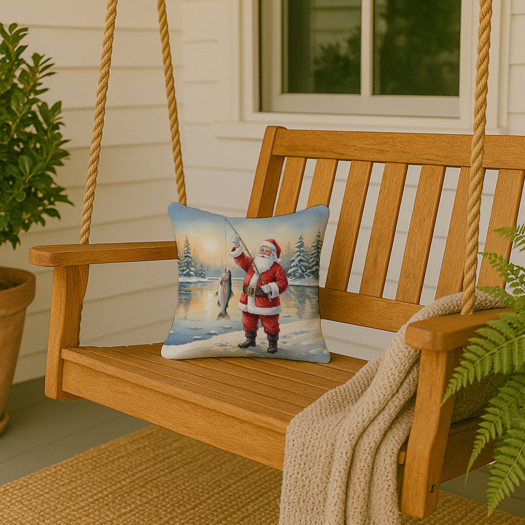 Fishing Santa Claus with Rainbow Trout Christmas Decorative Throw Pillow 14x14 Indoor Outdoor Accent Cushion, Fabric Cover with Insert for Sofa, Bed, Porch & Living Room