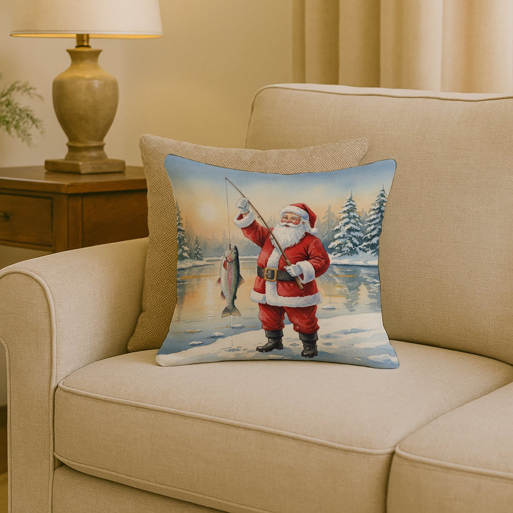 Fishing Santa Claus with Rainbow Trout Christmas Decorative Throw Pillow 18x18 Indoor Outdoor Accent Cushion, Fabric Cover with Insert for Sofa, Bed, Porch & Living Room