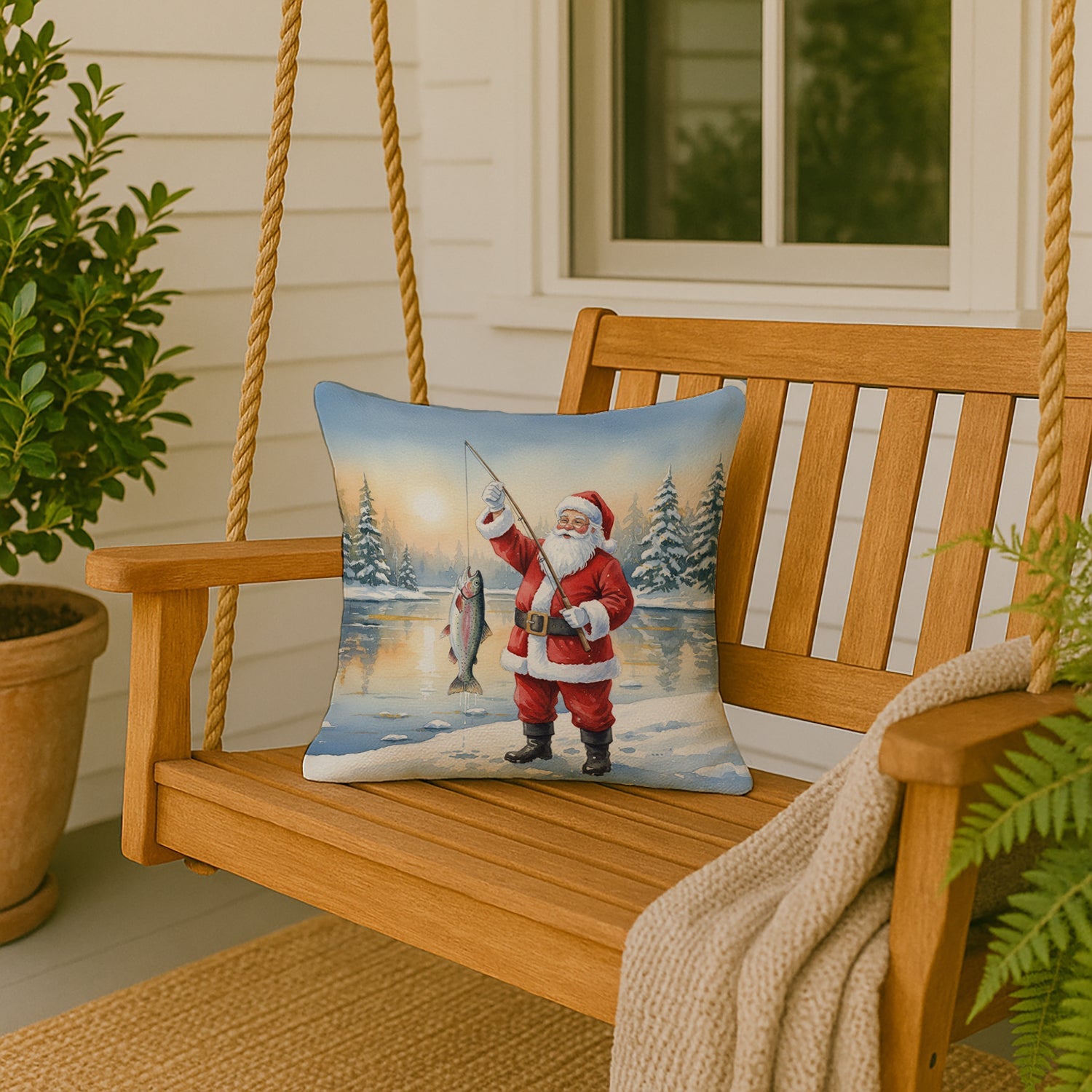 Fishing Santa Claus with Rainbow Trout Christmas Decorative Throw Pillow 18x18 Indoor Outdoor Accent Cushion, Fabric Cover with Insert for Sofa, Bed, Porch & Living Room