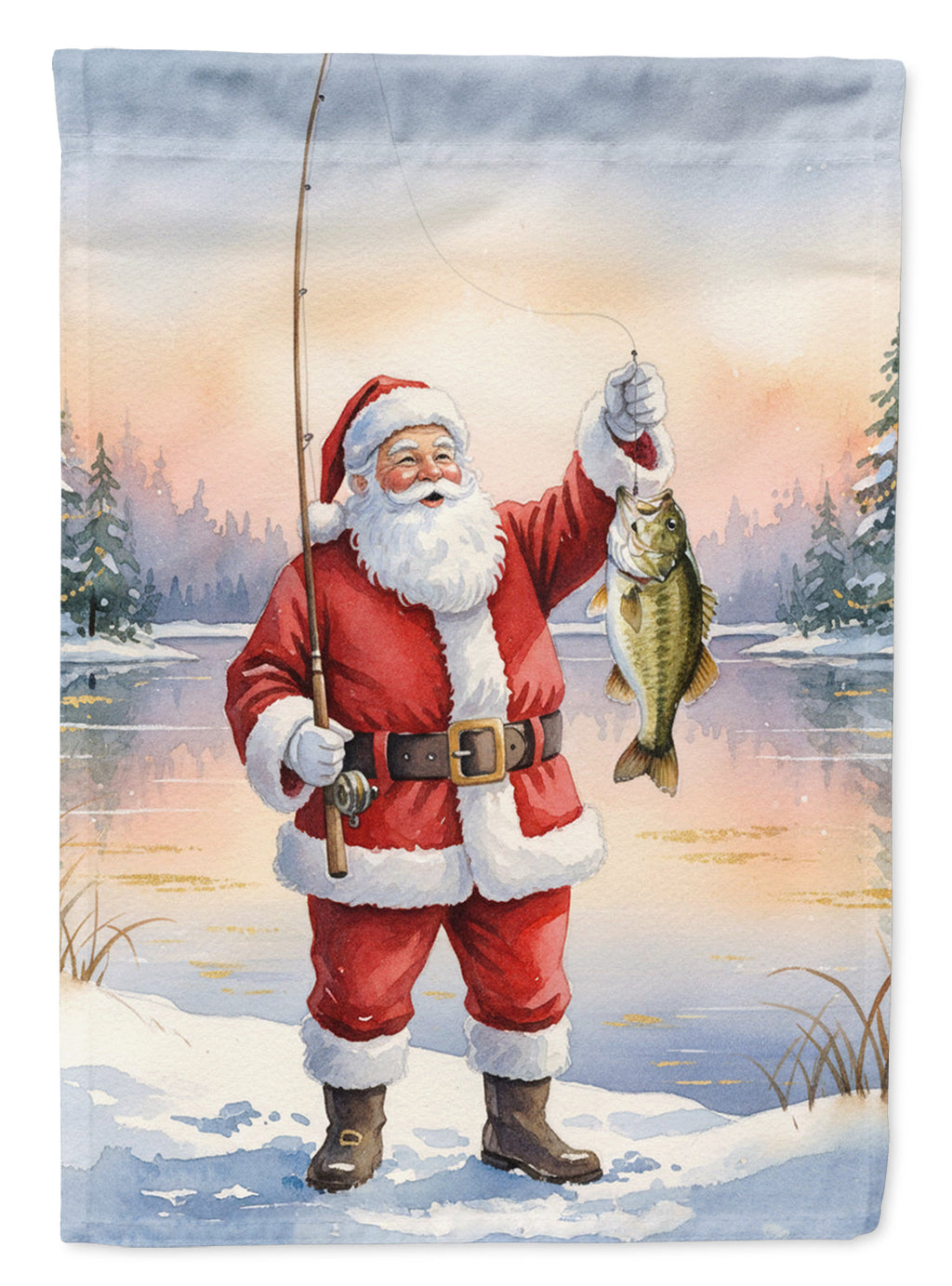 Fishing Santa Claus with Smallmouth Bass Christmas House Flag 28x40 Porch Sleeve Pole Decorative Outside Yard Banner Artwork Wall Hanging, Polyester