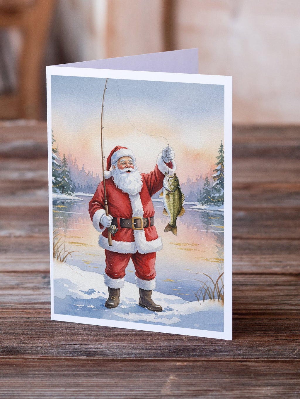 Fishing Santa Claus with Smallmouth Bass Christmas Greeting Cards Pack of 8 Blank Cards with Envelopes Whimsical A7 Size 5x7
