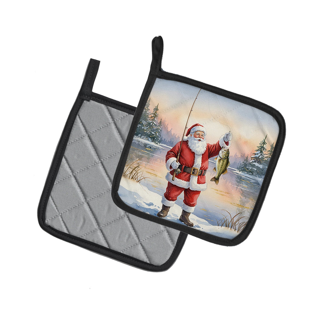 Fishing Santa Claus with Smallmouth Bass Christmas Pot Holder Set of 2 Heat Resistant Quilted Hot Pads 7.5 x 7.5 Inch, Insulated Kitchen Trivets for Cooking & Baking