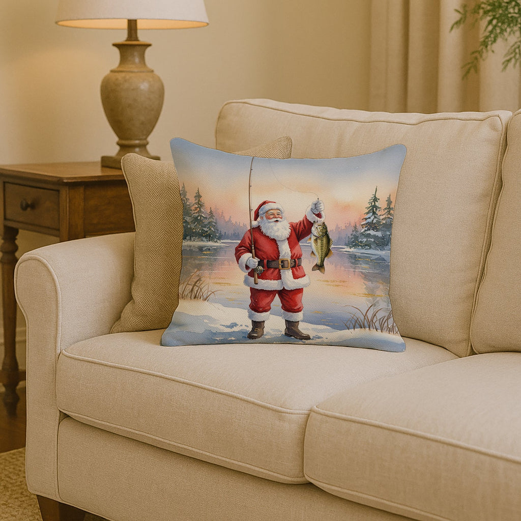 Fishing Santa Claus with Smallmouth Bass Christmas Decorative Throw Pillow 14x14 Indoor Outdoor Accent Cushion, Fabric Cover with Insert for Sofa, Bed, Porch & Living Room