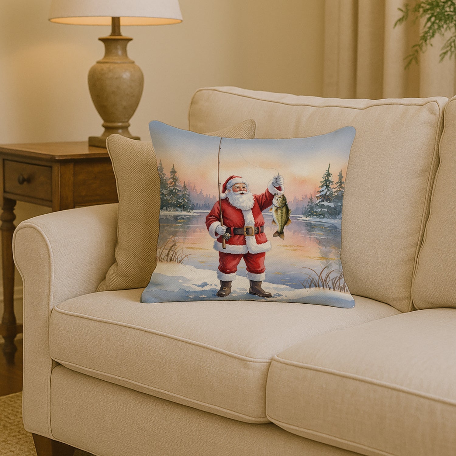 Fishing Santa Claus with Smallmouth Bass Christmas Decorative Throw Pillow 14x14 Indoor Outdoor Accent Cushion, Fabric Cover with Insert for Sofa, Bed, Porch & Living Room