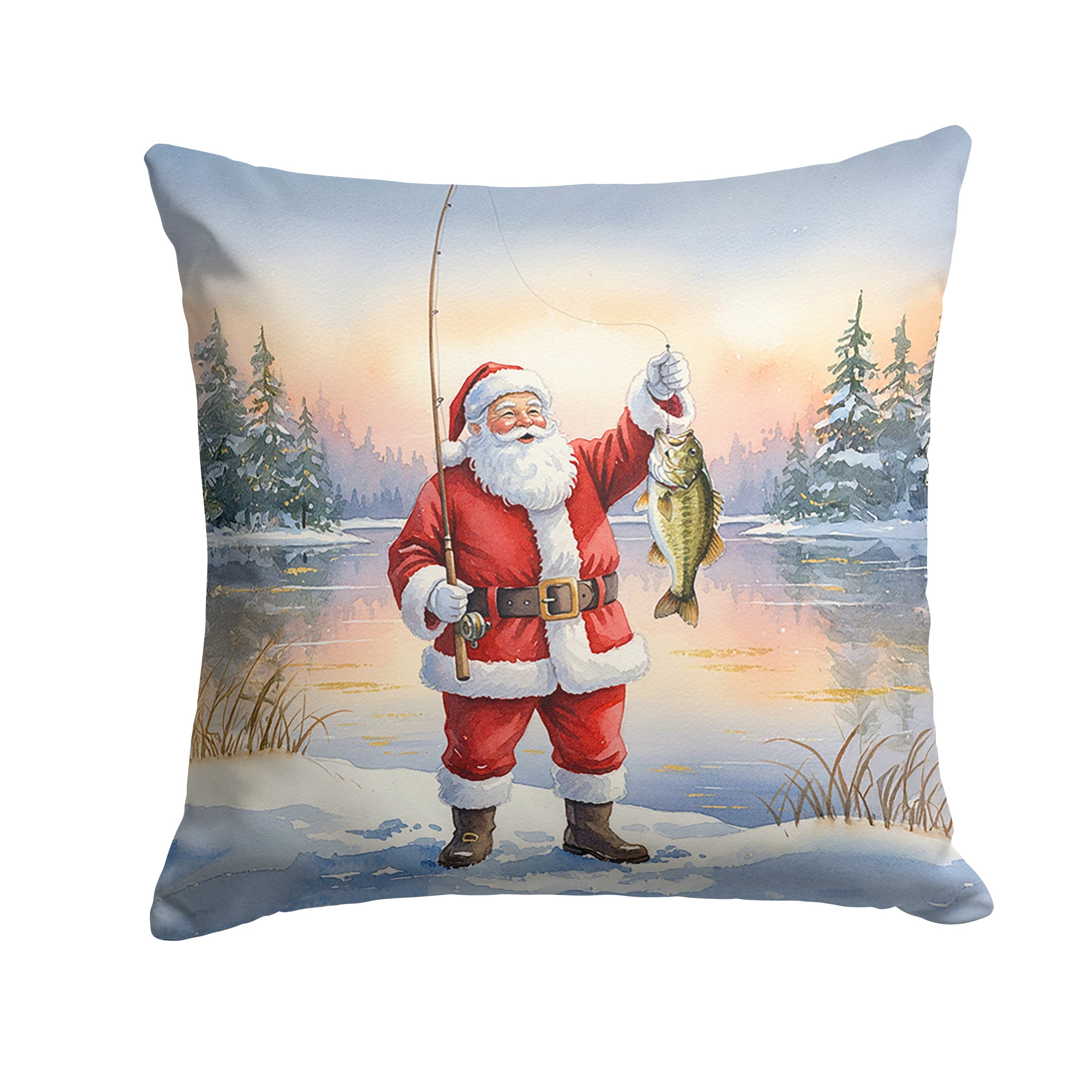 Fishing Santa Claus with Smallmouth Bass Christmas Decorative Throw Pillow 18x18 Indoor Outdoor Accent Cushion, Fabric Cover with Insert for Sofa, Bed, Porch & Living Room