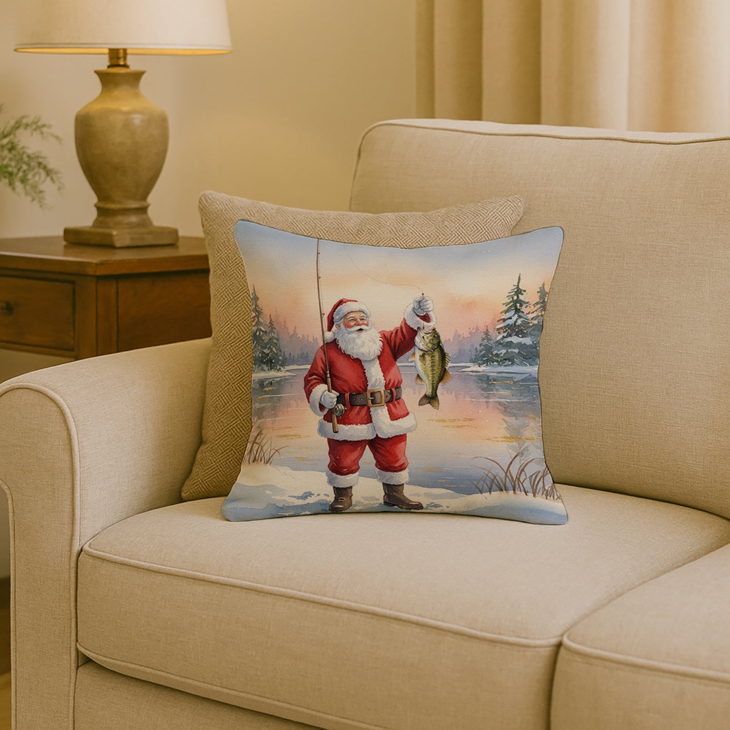 Fishing Santa Claus with Smallmouth Bass Christmas Decorative Throw Pillow 18x18 Indoor Outdoor Accent Cushion, Fabric Cover with Insert for Sofa, Bed, Porch & Living Room