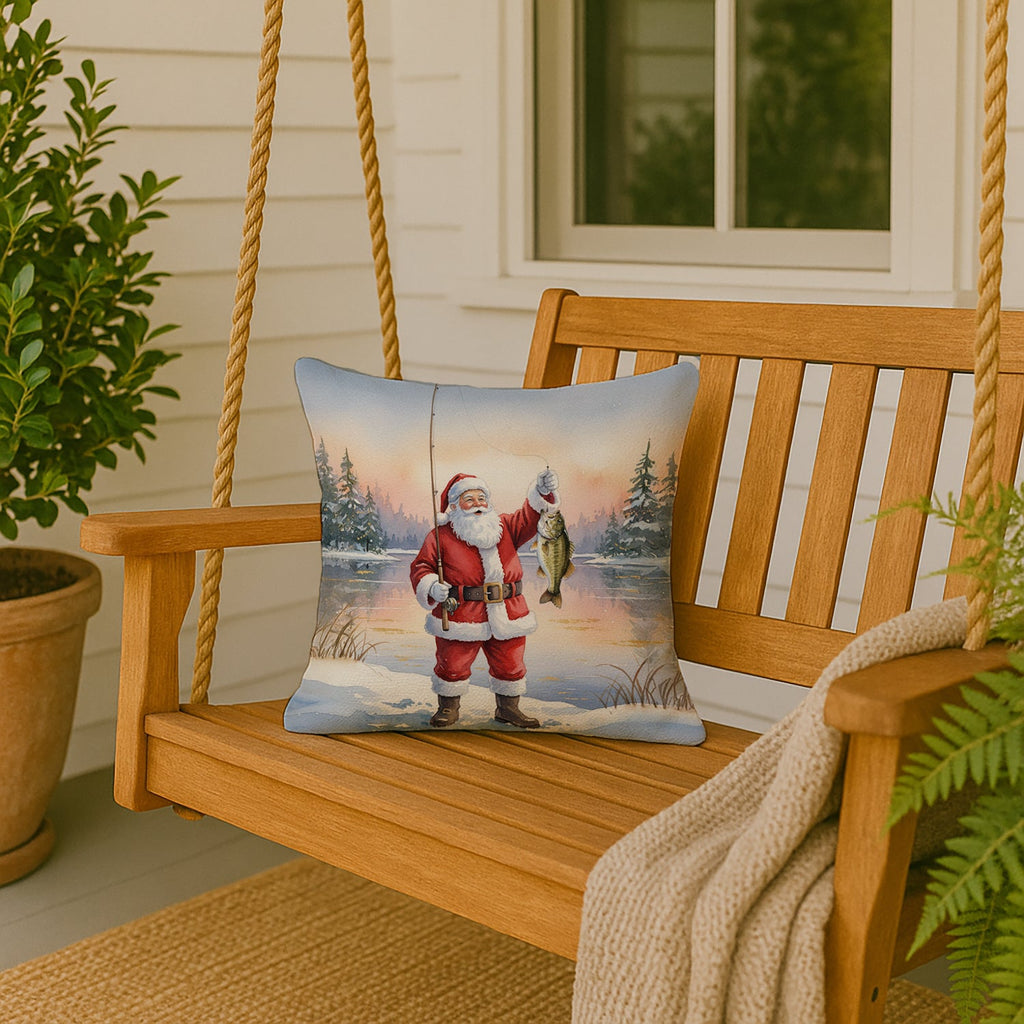 Fishing Santa Claus with Smallmouth Bass Christmas Decorative Throw Pillow 18x18 Indoor Outdoor Accent Cushion, Fabric Cover with Insert for Sofa, Bed, Porch & Living Room