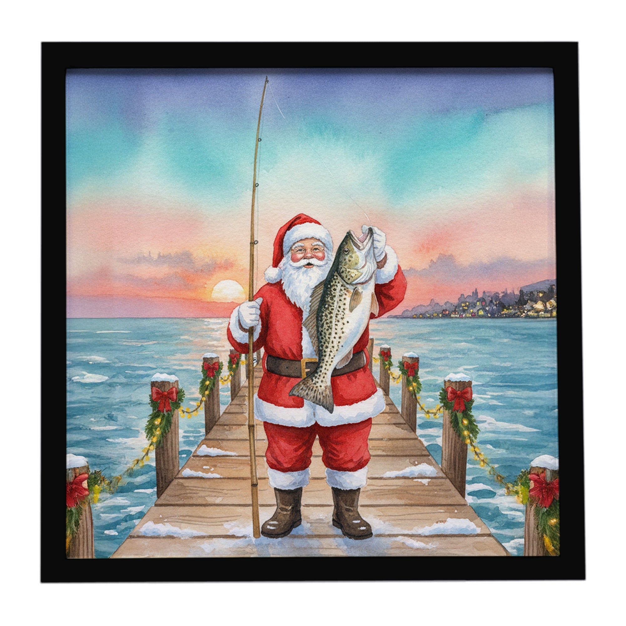 Fishing Santa Claus with Speckled Trout Christmas Framed Metal Print Bathroom, Kitchen, Office, Home Decor Wall Art Ready to Hang, Square, 8X8