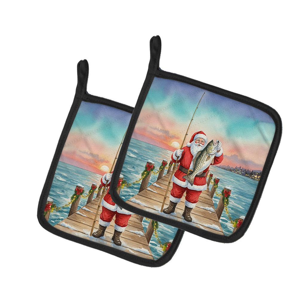 Fishing Santa Claus with Speckled Trout Christmas Pot Holder Set of 2 Heat Resistant Quilted Hot Pads 7.5 x 7.5 Inch, Insulated Kitchen Trivets for Cooking & Baking