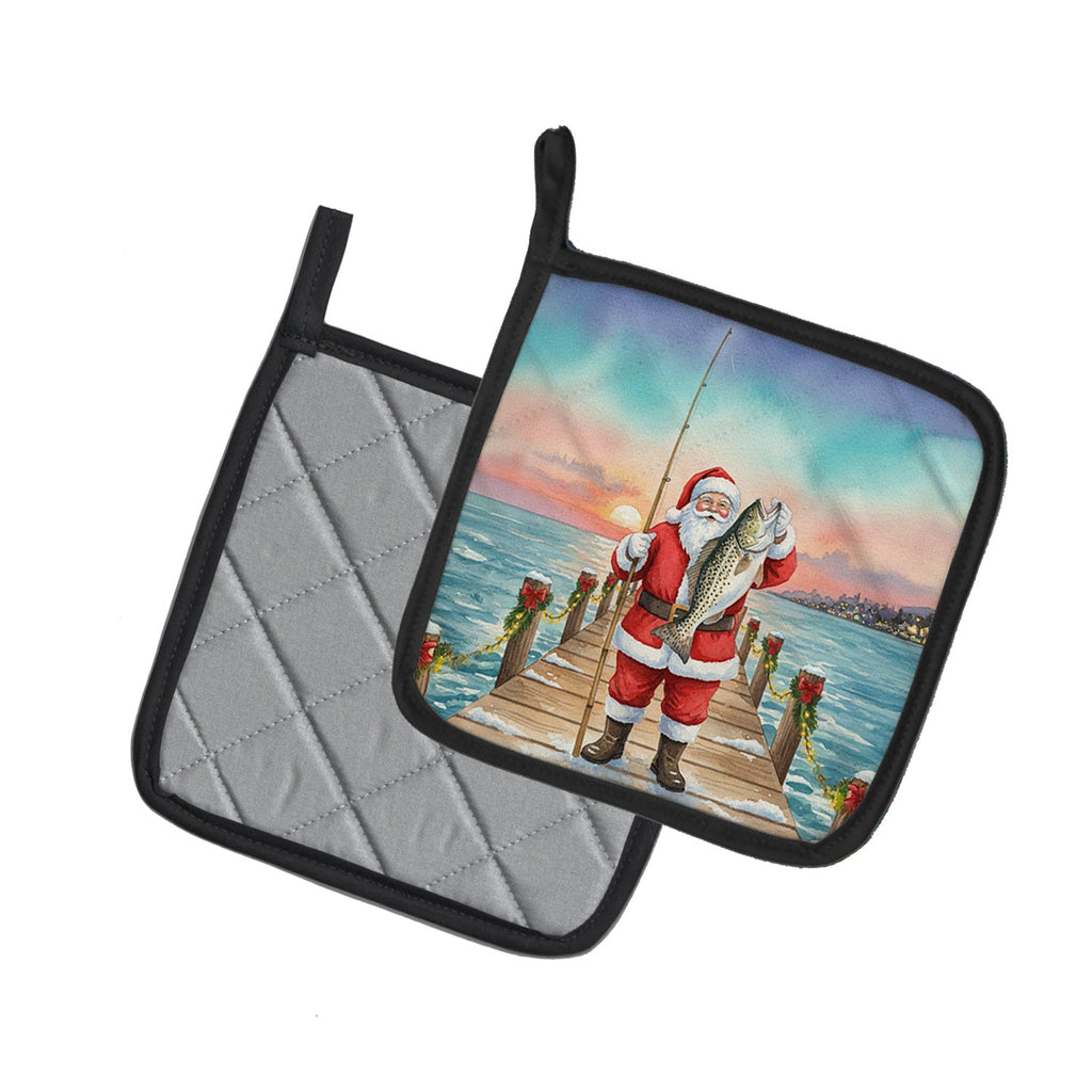 Fishing Santa Claus with Speckled Trout Christmas Pot Holder Set of 2 Heat Resistant Quilted Hot Pads 7.5 x 7.5 Inch, Insulated Kitchen Trivets for Cooking & Baking
