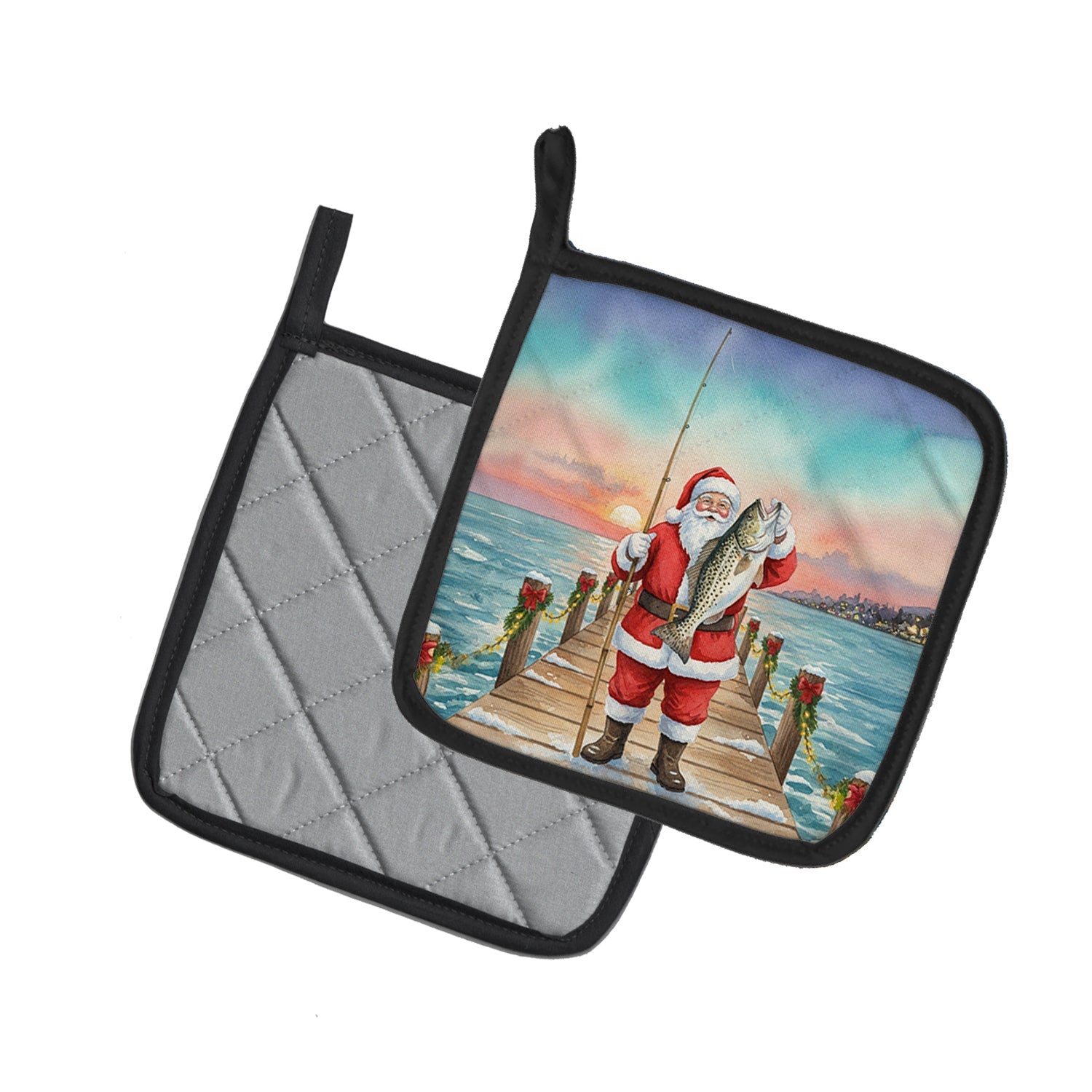 Fishing Santa Claus with Speckled Trout Christmas Pot Holder Set of 2 Heat Resistant Quilted Hot Pads 7.5 x 7.5 Inch, Insulated Kitchen Trivets for Cooking & Baking