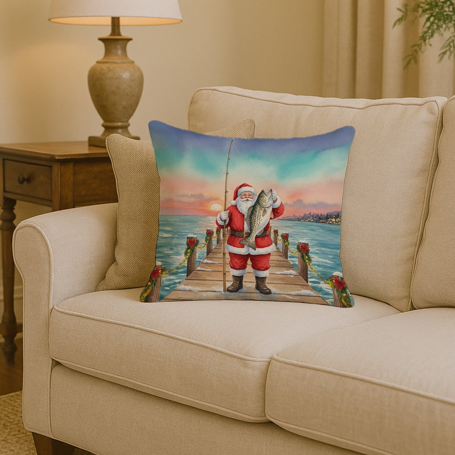 Fishing Santa Claus with Speckled Trout Christmas Decorative Throw Pillow 14x14 Indoor Outdoor Accent Cushion, Fabric Cover with Insert for Sofa, Bed, Porch & Living Room