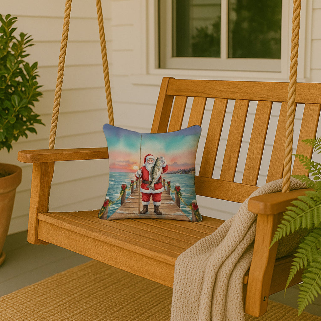 Fishing Santa Claus with Speckled Trout Christmas Decorative Throw Pillow 14x14 Indoor Outdoor Accent Cushion, Fabric Cover with Insert for Sofa, Bed, Porch & Living Room
