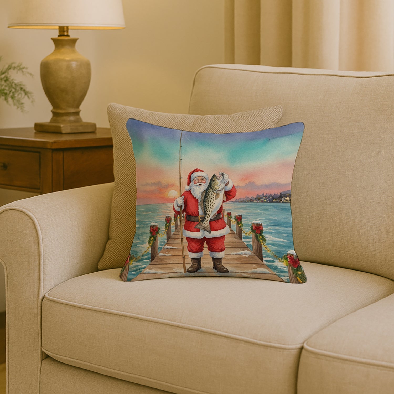 Fishing Santa Claus with Speckled Trout Christmas Decorative Throw Pillow 18x18 Indoor Outdoor Accent Cushion, Fabric Cover with Insert for Sofa, Bed, Porch & Living Room