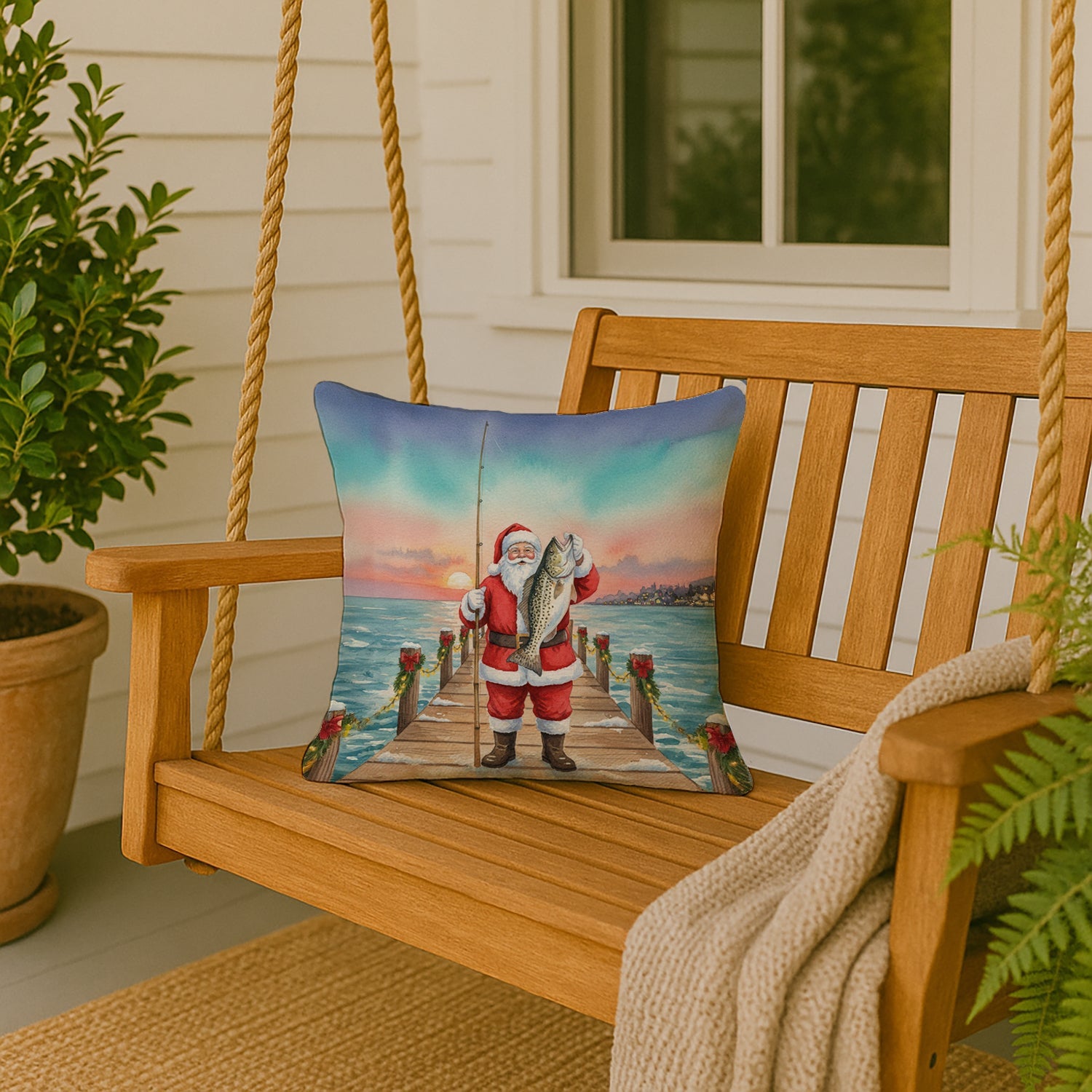 Fishing Santa Claus with Speckled Trout Christmas Decorative Throw Pillow 18x18 Indoor Outdoor Accent Cushion, Fabric Cover with Insert for Sofa, Bed, Porch & Living Room