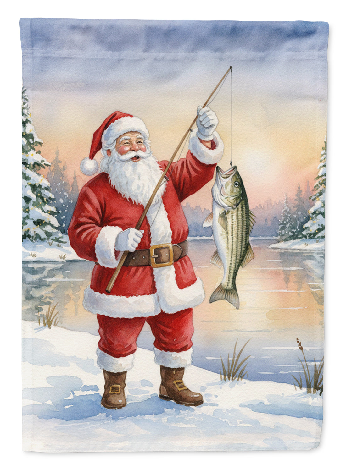 Fishing Santa Claus with Striped Bass Christmas House Flag 28x40 Porch Sleeve Pole Decorative Outside Yard Banner Artwork Wall Hanging, Polyester