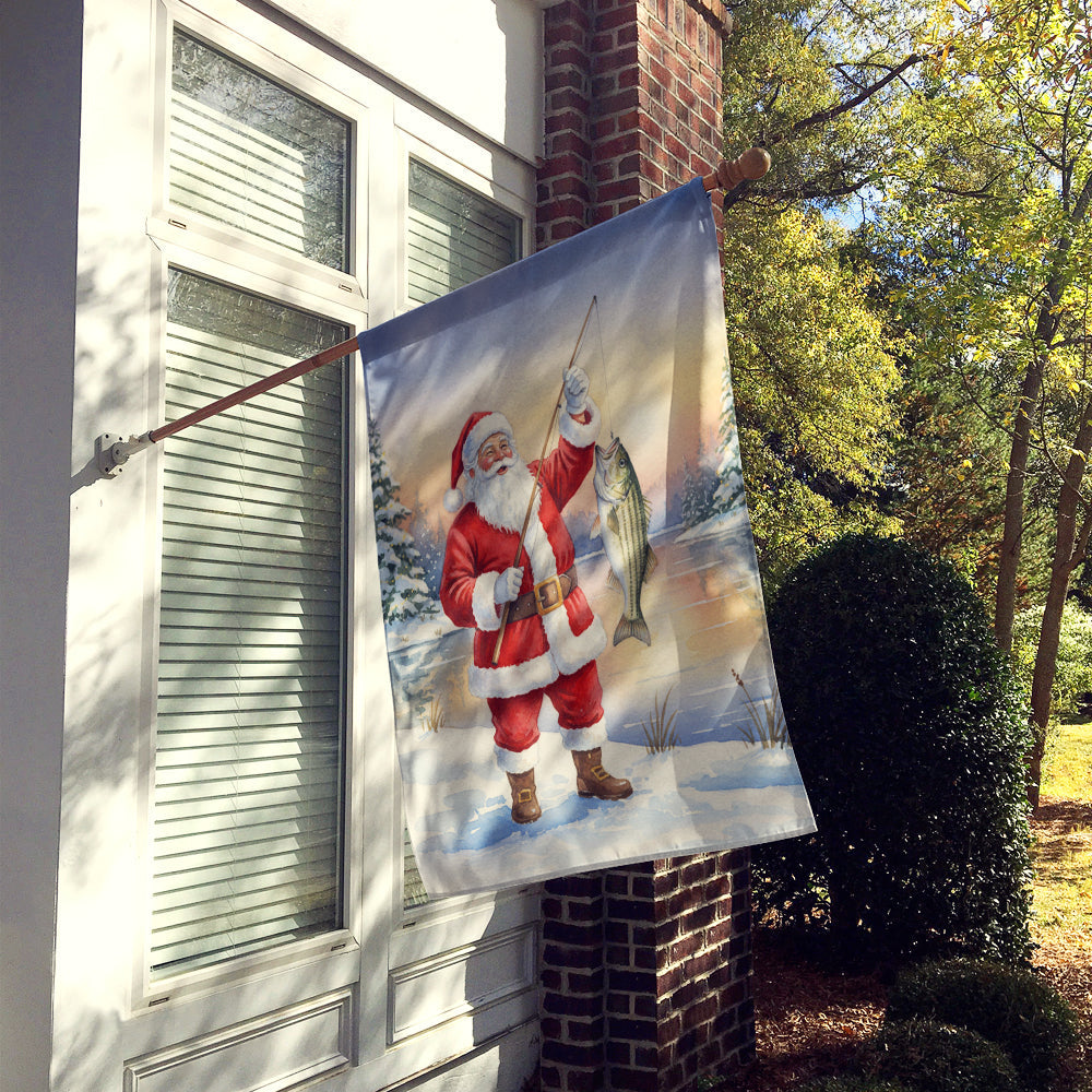 Fishing Santa Claus with Striped Bass Christmas House Flag 28x40 Porch Sleeve Pole Decorative Outside Yard Banner Artwork Wall Hanging, Polyester