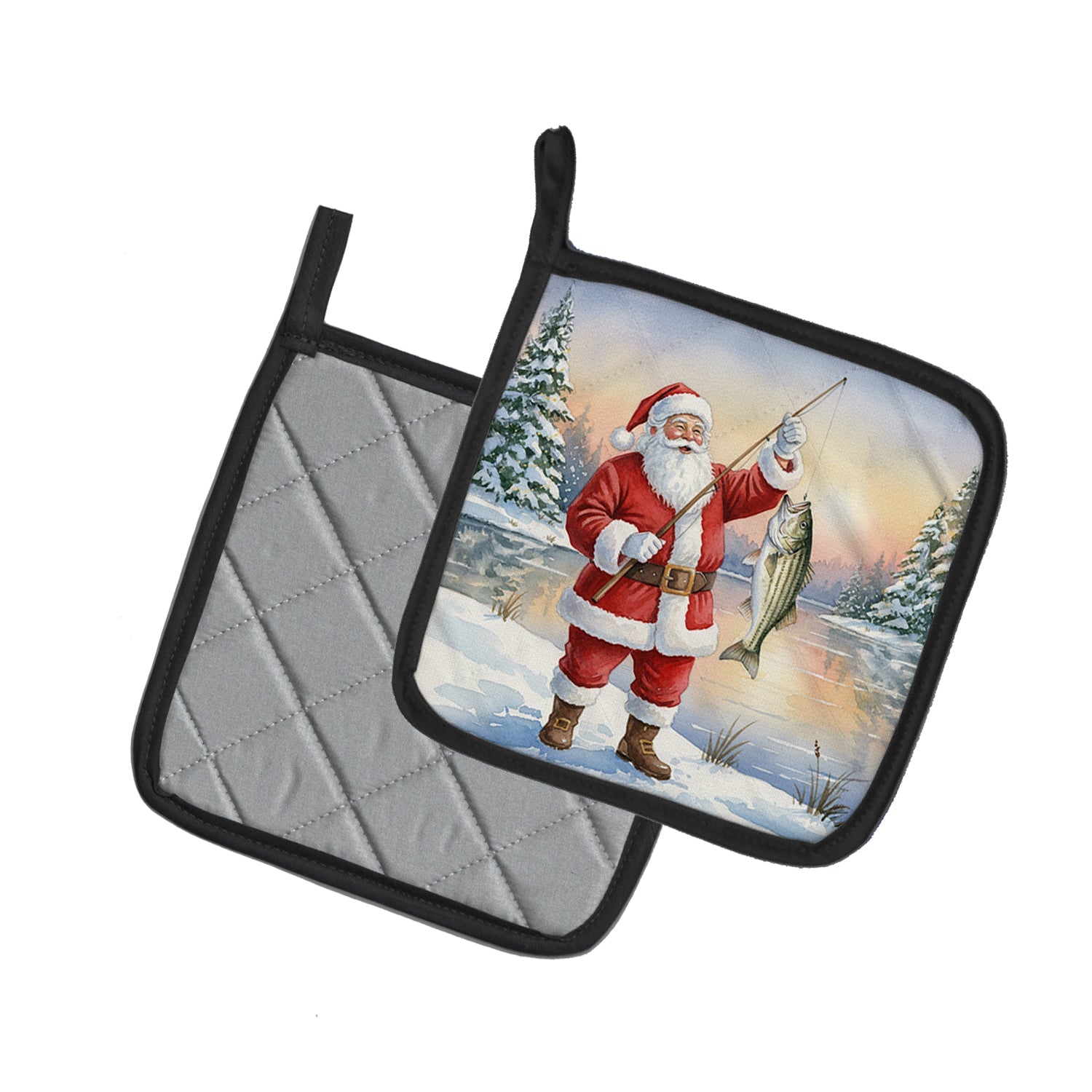 Fishing Santa Claus with Striped Bass Christmas Pot Holder Set of 2 Heat Resistant Quilted Hot Pads 7.5 x 7.5 Inch, Insulated Kitchen Trivets for Cooking & Baking