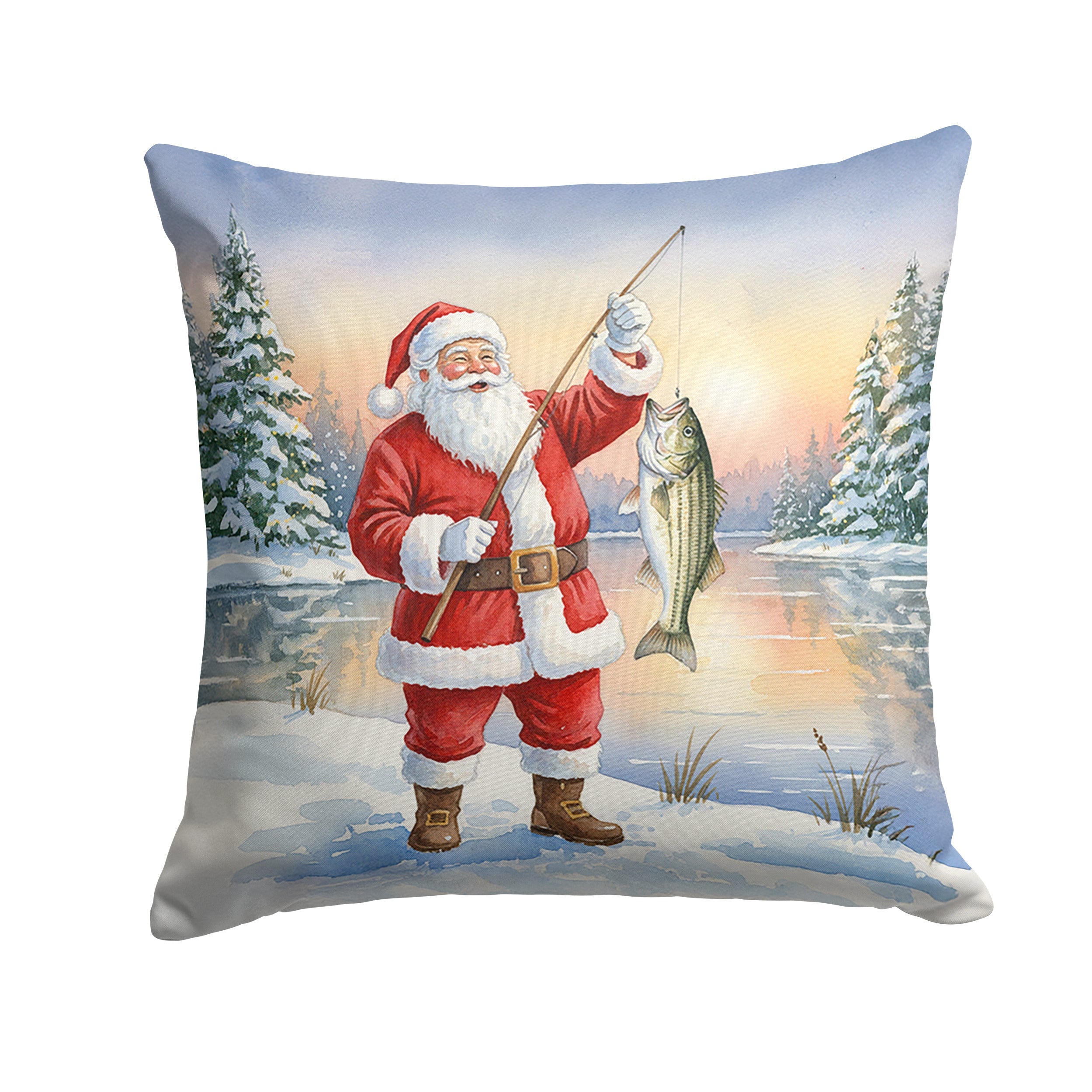 Fishing Santa Claus with Striped Bass Christmas Decorative Throw Pillow 14x14 Indoor Outdoor Accent Cushion, Fabric Cover with Insert for Sofa, Bed, Porch & Living Room