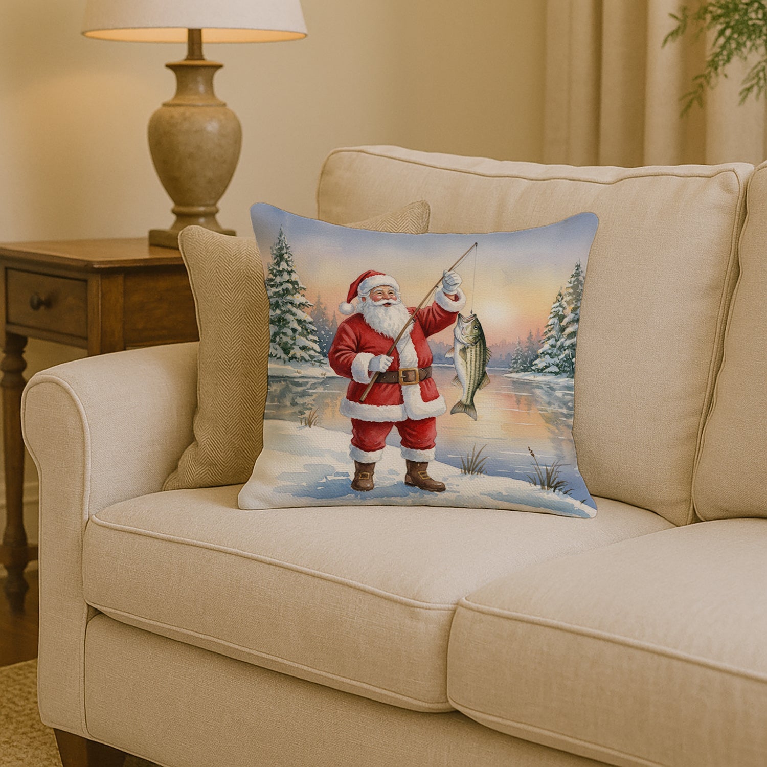 Fishing Santa Claus with Striped Bass Christmas Decorative Throw Pillow 14x14 Indoor Outdoor Accent Cushion, Fabric Cover with Insert for Sofa, Bed, Porch & Living Room
