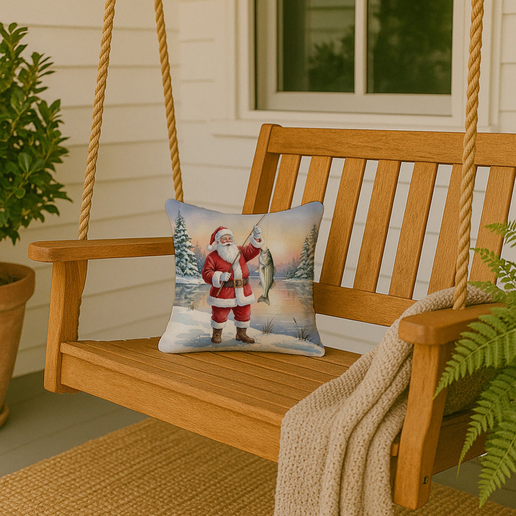 Fishing Santa Claus with Striped Bass Christmas Decorative Throw Pillow 14x14 Indoor Outdoor Accent Cushion, Fabric Cover with Insert for Sofa, Bed, Porch & Living Room