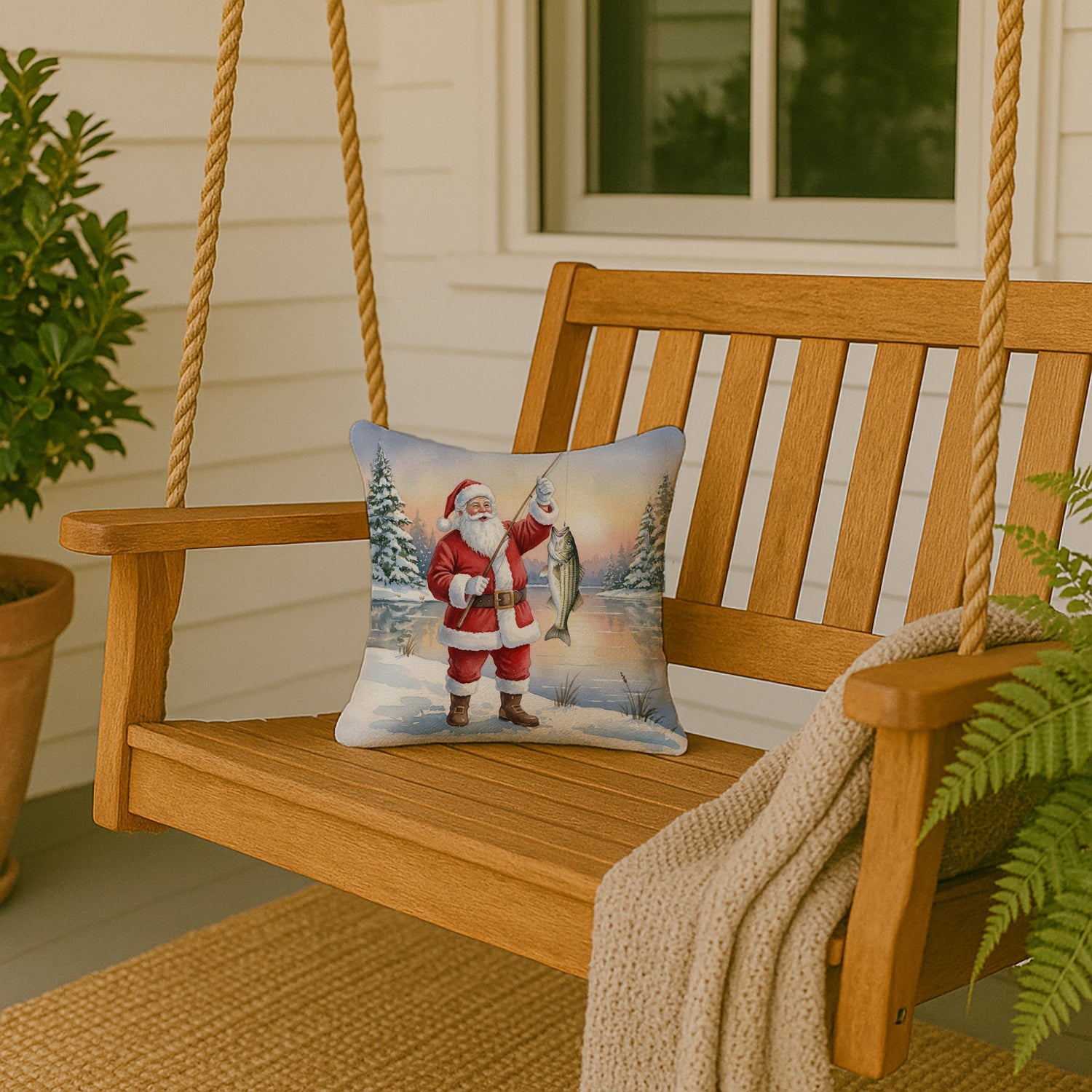 Fishing Santa Claus with Striped Bass Christmas Decorative Throw Pillow 14x14 Indoor Outdoor Accent Cushion, Fabric Cover with Insert for Sofa, Bed, Porch & Living Room