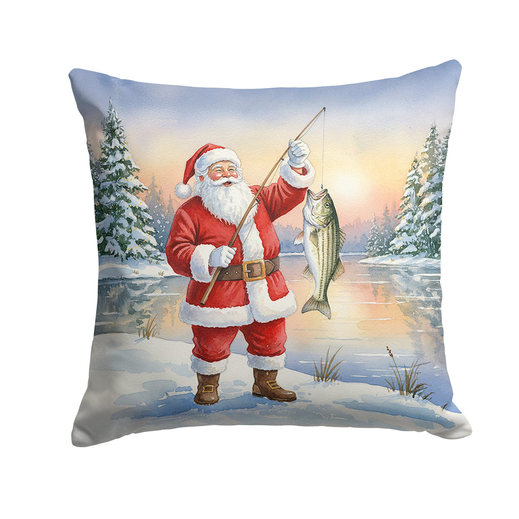Fishing Santa Claus with Striped Bass Christmas Decorative Throw Pillow 18x18 Indoor Outdoor Accent Cushion, Fabric Cover with Insert for Sofa, Bed, Porch & Living Room