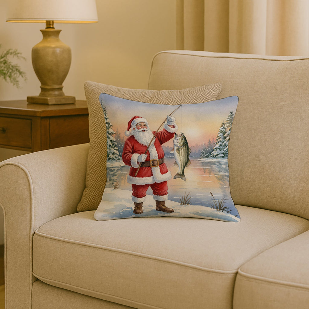 Fishing Santa Claus with Striped Bass Christmas Decorative Throw Pillow 18x18 Indoor Outdoor Accent Cushion, Fabric Cover with Insert for Sofa, Bed, Porch & Living Room