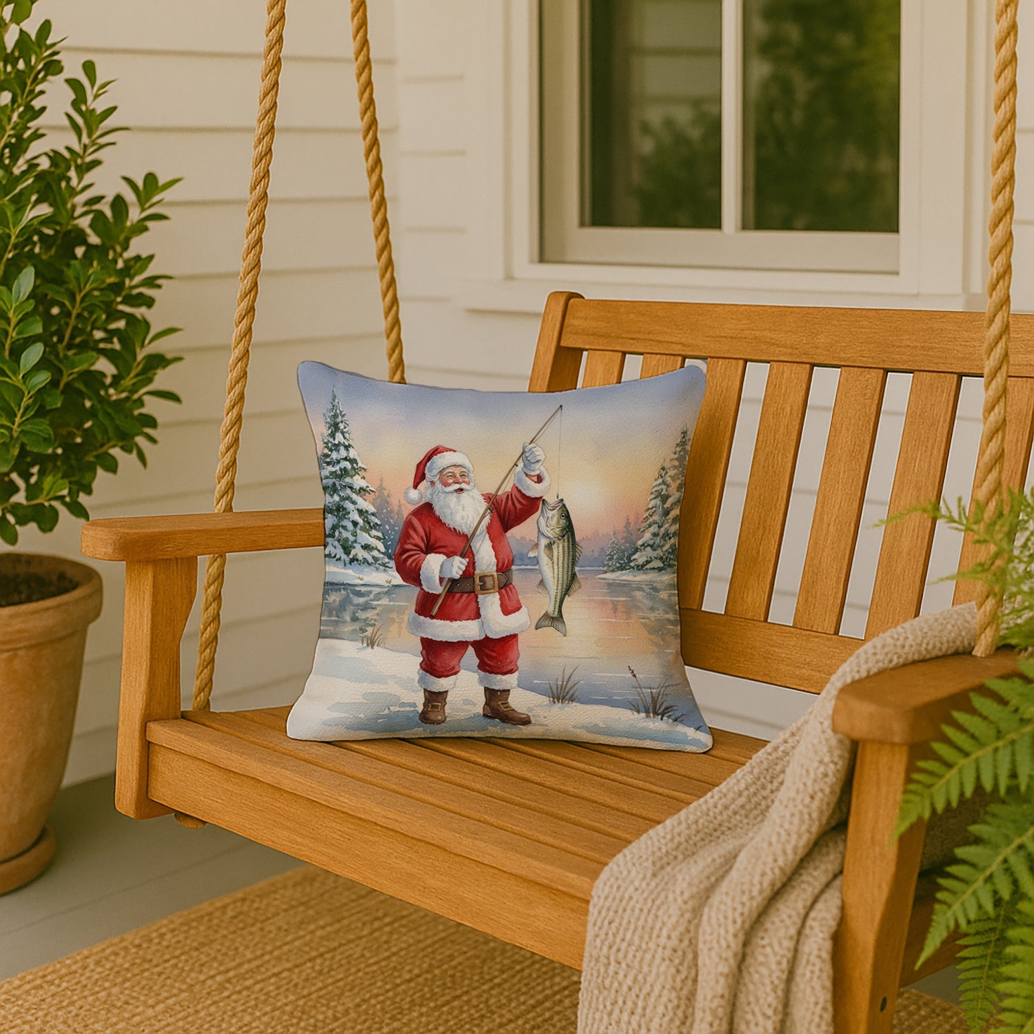Fishing Santa Claus with Striped Bass Christmas Decorative Throw Pillow 18x18 Indoor Outdoor Accent Cushion, Fabric Cover with Insert for Sofa, Bed, Porch & Living Room