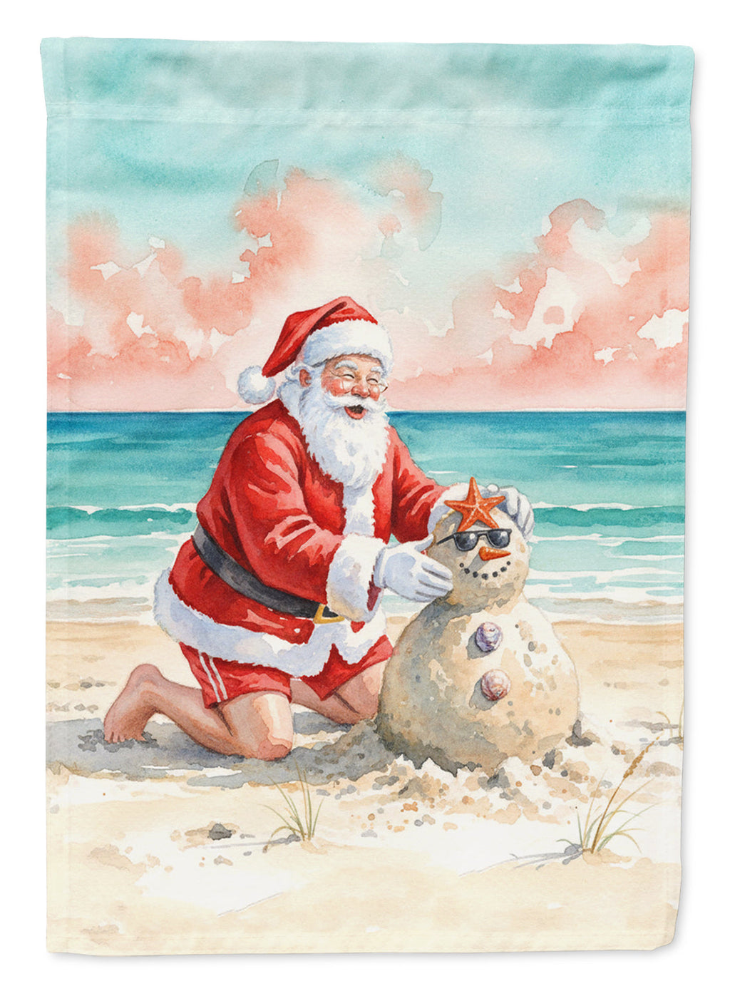 Santa Claus Building a Sand Snowman Christmas House Flag 28x40 Porch Sleeve Pole Decorative Outside Yard Banner Artwork Wall Hanging, Polyester
