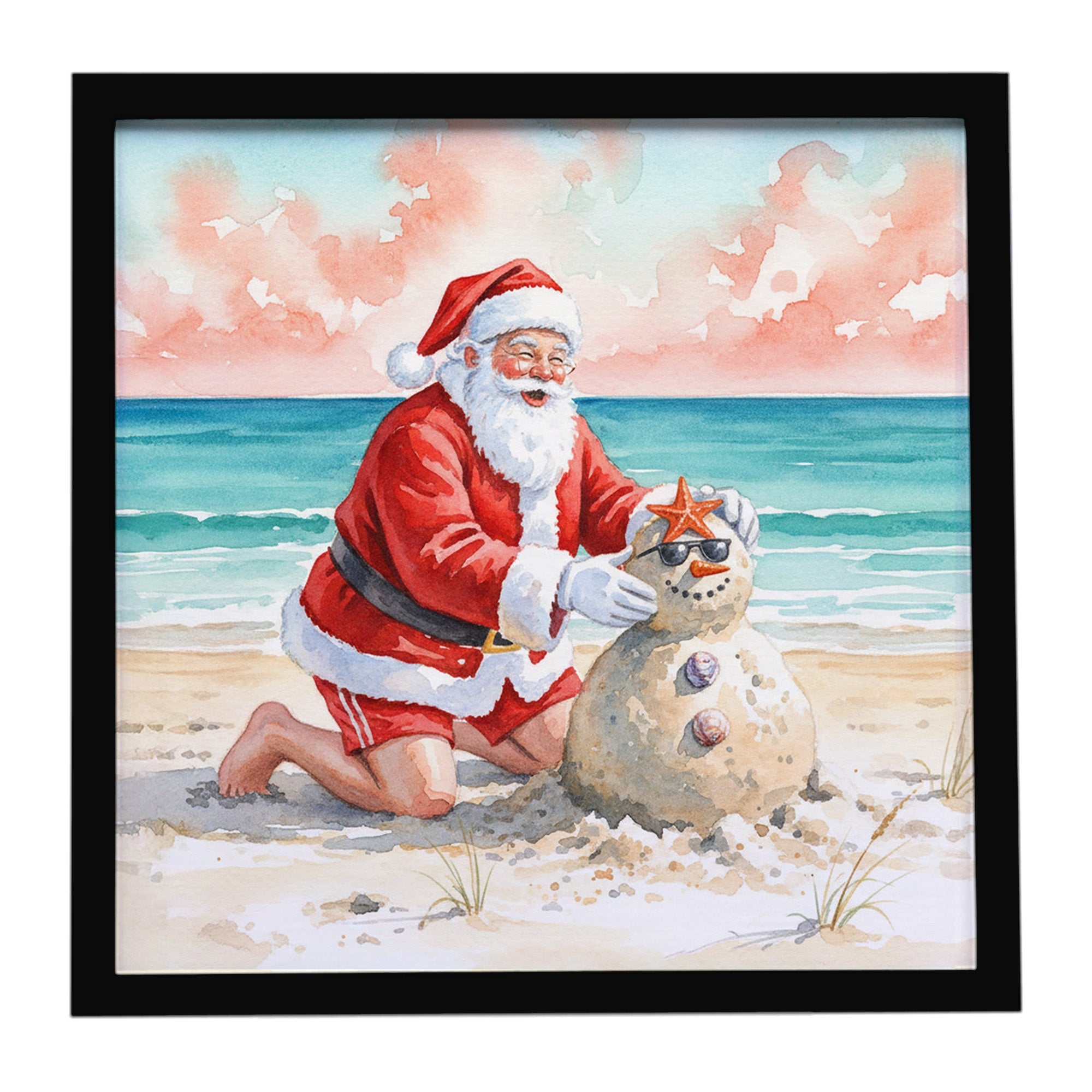 Santa Claus Building a Sand Snowman Christmas Framed Metal Print Bathroom, Kitchen, Office, Home Decor Wall Art Ready to Hang, Square, 8X8