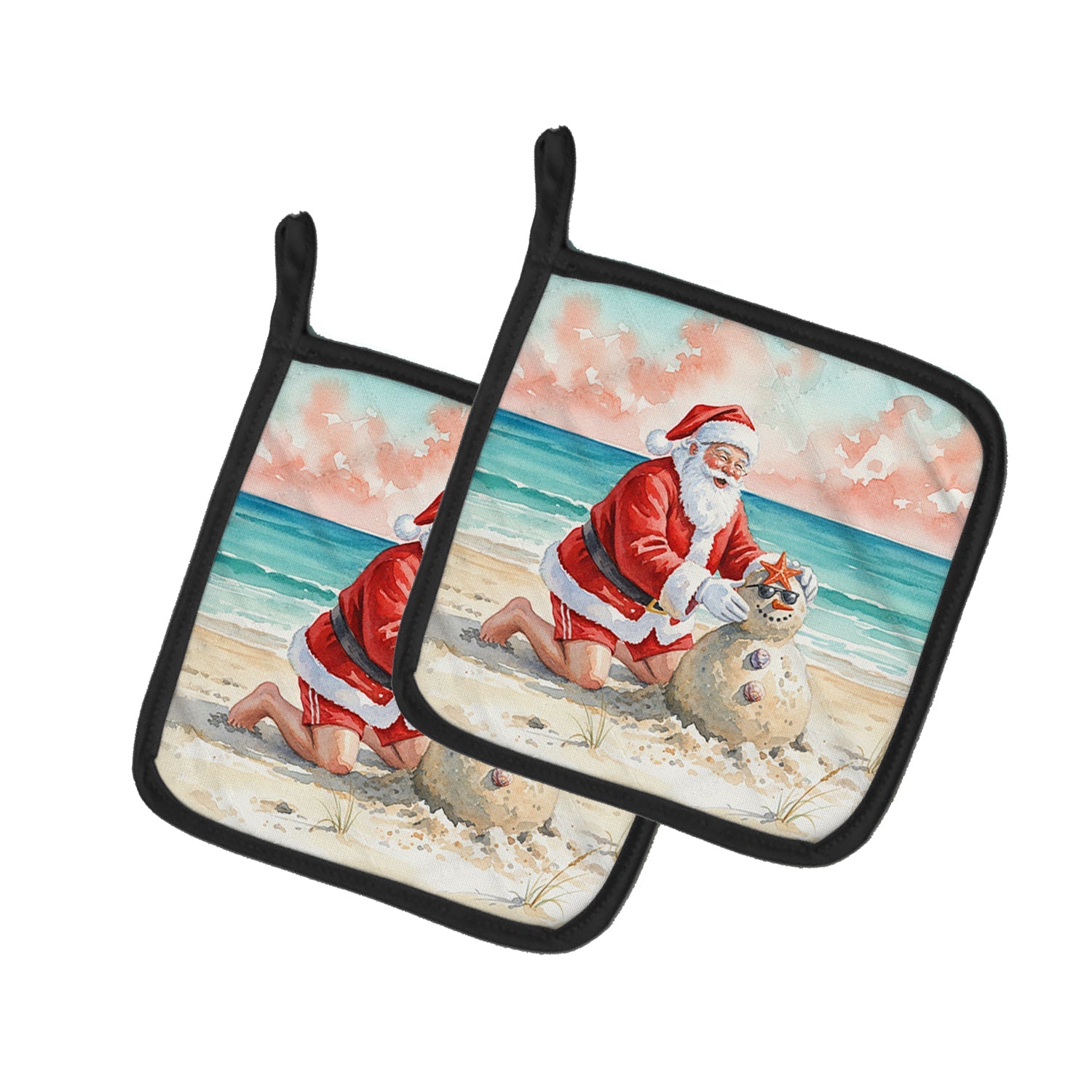 Santa Claus Building a Sand Snowman Christmas Pot Holder Set of 2 Heat Resistant Quilted Hot Pads 7.5 x 7.5 Inch, Insulated Kitchen Trivets for Cooking & Baking