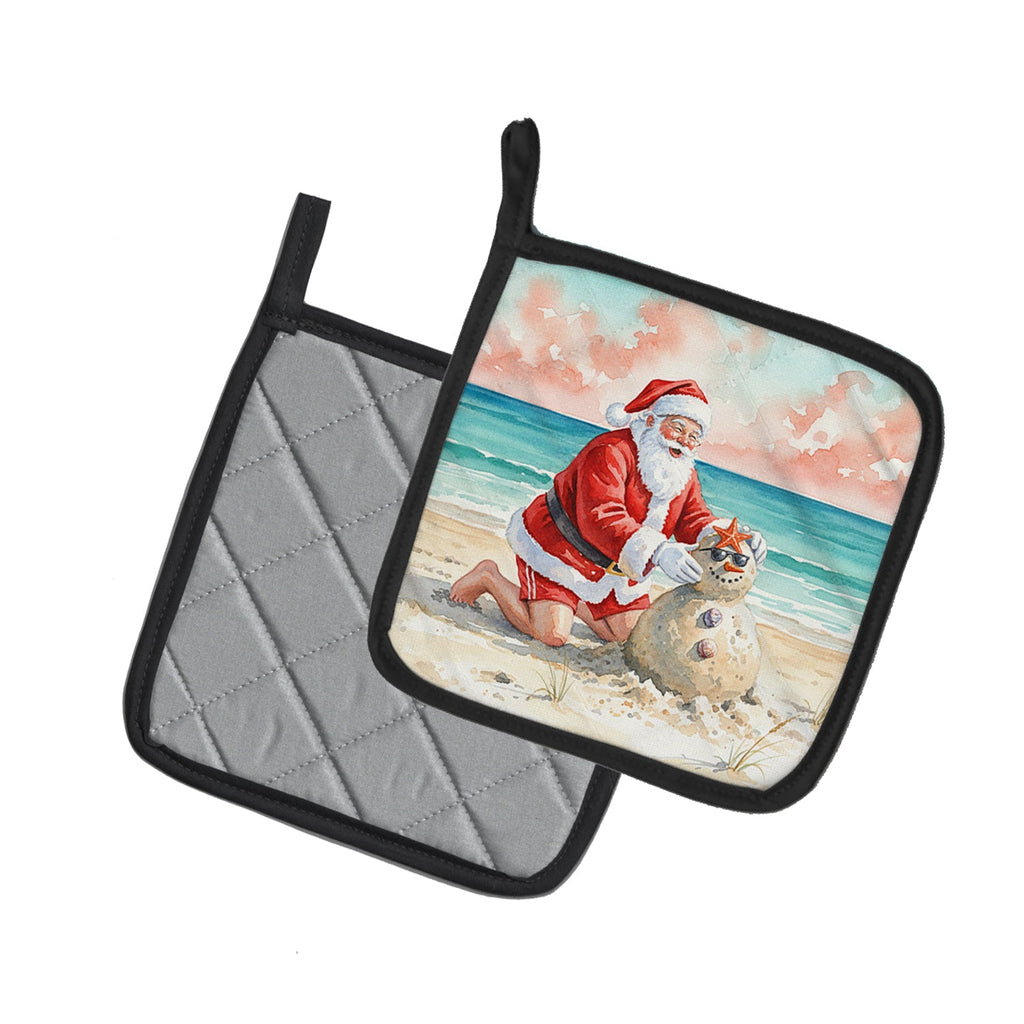 Santa Claus Building a Sand Snowman Christmas Pot Holder Set of 2 Heat Resistant Quilted Hot Pads 7.5 x 7.5 Inch, Insulated Kitchen Trivets for Cooking & Baking