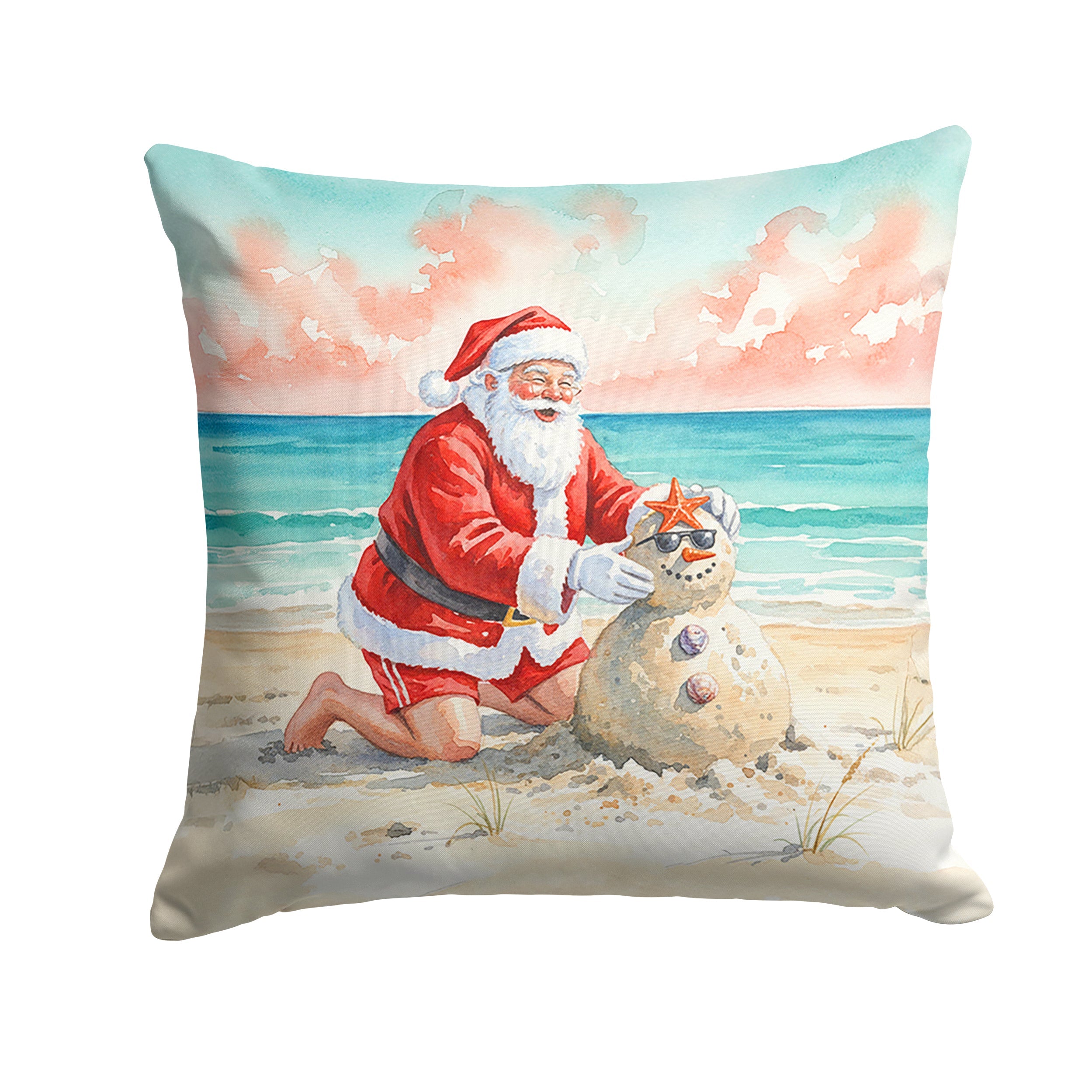 Santa Claus Building a Sand Snowman Christmas Decorative Throw Pillow 14x14 Indoor Outdoor Accent Cushion, Fabric Cover with Insert for Sofa, Bed, Porch & Living Room