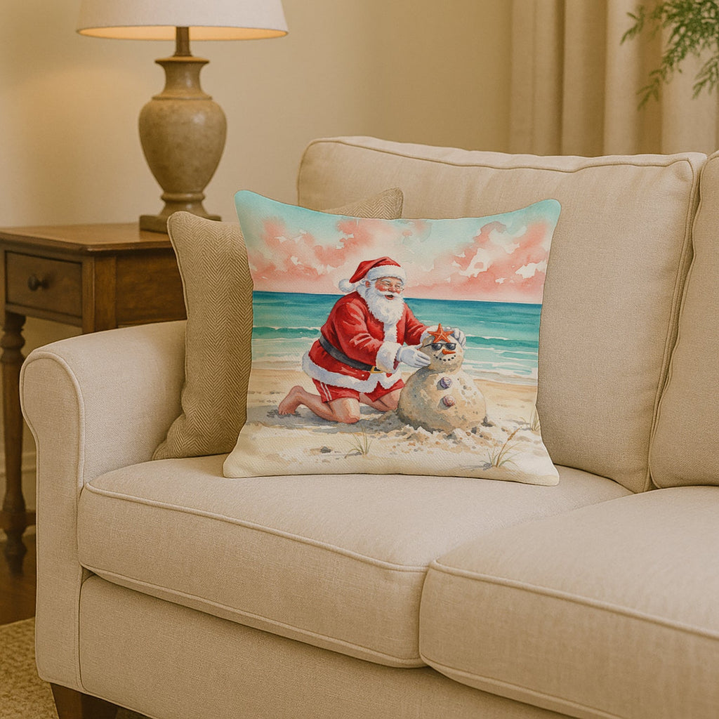 Santa Claus Building a Sand Snowman Christmas Decorative Throw Pillow 14x14 Indoor Outdoor Accent Cushion, Fabric Cover with Insert for Sofa, Bed, Porch & Living Room
