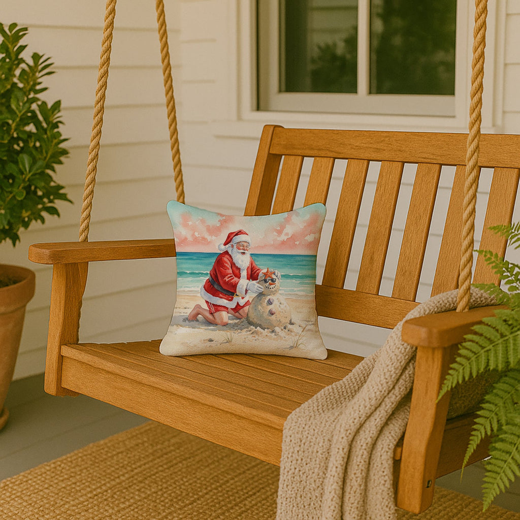 Santa Claus Building a Sand Snowman Christmas Decorative Throw Pillow 14x14 Indoor Outdoor Accent Cushion, Fabric Cover with Insert for Sofa, Bed, Porch & Living Room