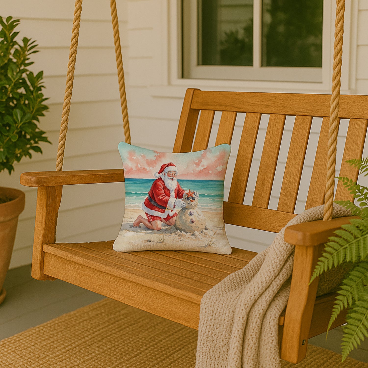 Santa Claus Building a Sand Snowman Christmas Decorative Throw Pillow 14x14 Indoor Outdoor Accent Cushion, Fabric Cover with Insert for Sofa, Bed, Porch & Living Room
