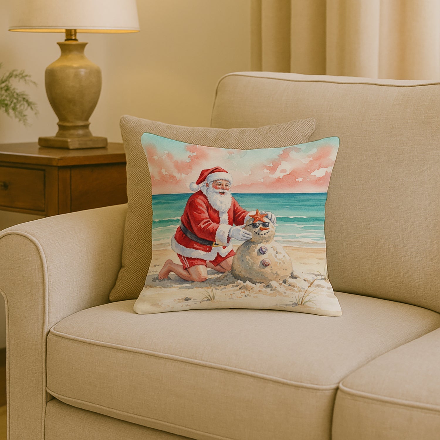 Santa Claus Building a Sand Snowman Christmas Decorative Throw Pillow 18x18 Indoor Outdoor Accent Cushion, Fabric Cover with Insert for Sofa, Bed, Porch & Living Room