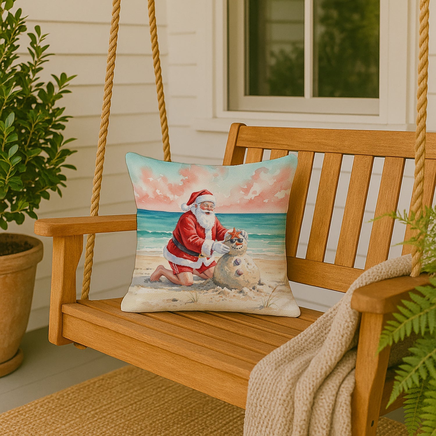 Santa Claus Building a Sand Snowman Christmas Decorative Throw Pillow 18x18 Indoor Outdoor Accent Cushion, Fabric Cover with Insert for Sofa, Bed, Porch & Living Room