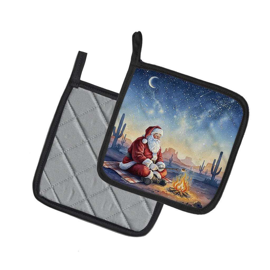 Santa Claus by the Campfire Christmas Pot Holder Set of 2 Heat Resistant Quilted Hot Pads 7.5 x 7.5 Inch, Insulated Kitchen Trivets for Cooking & Baking