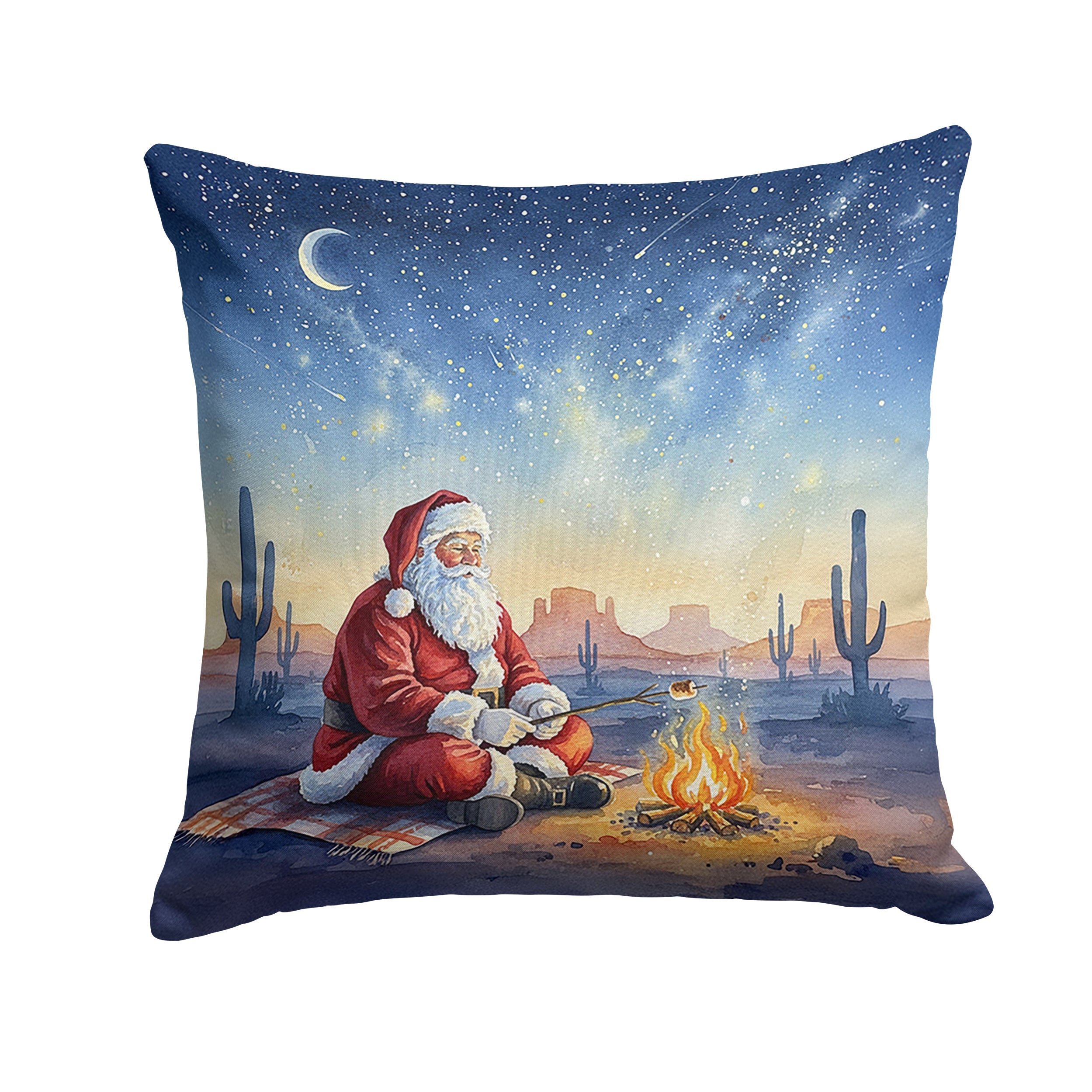 Santa Claus by the Campfire Christmas Decorative Throw Pillow 14x14 Indoor Outdoor Accent Cushion, Fabric Cover with Insert for Sofa, Bed, Porch & Living Room