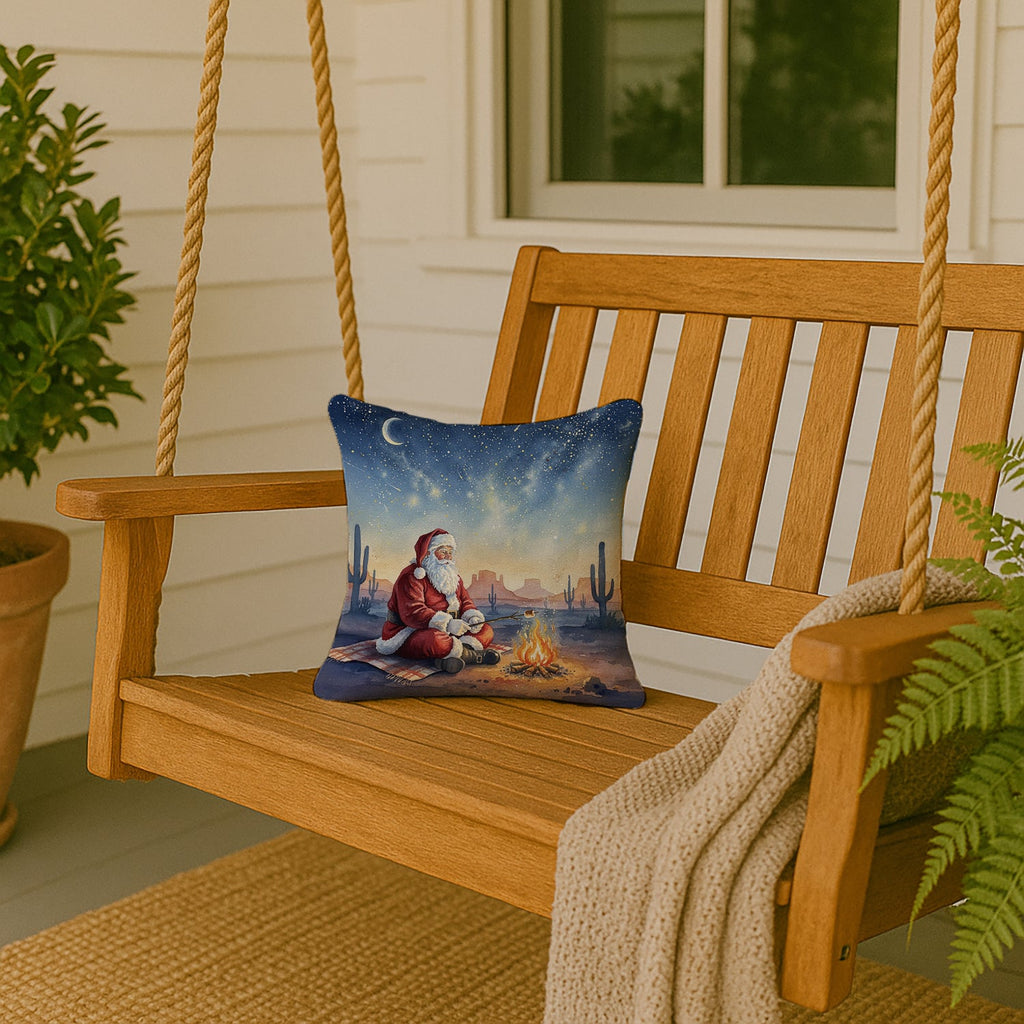 Santa Claus by the Campfire Christmas Decorative Throw Pillow 14x14 Indoor Outdoor Accent Cushion, Fabric Cover with Insert for Sofa, Bed, Porch & Living Room