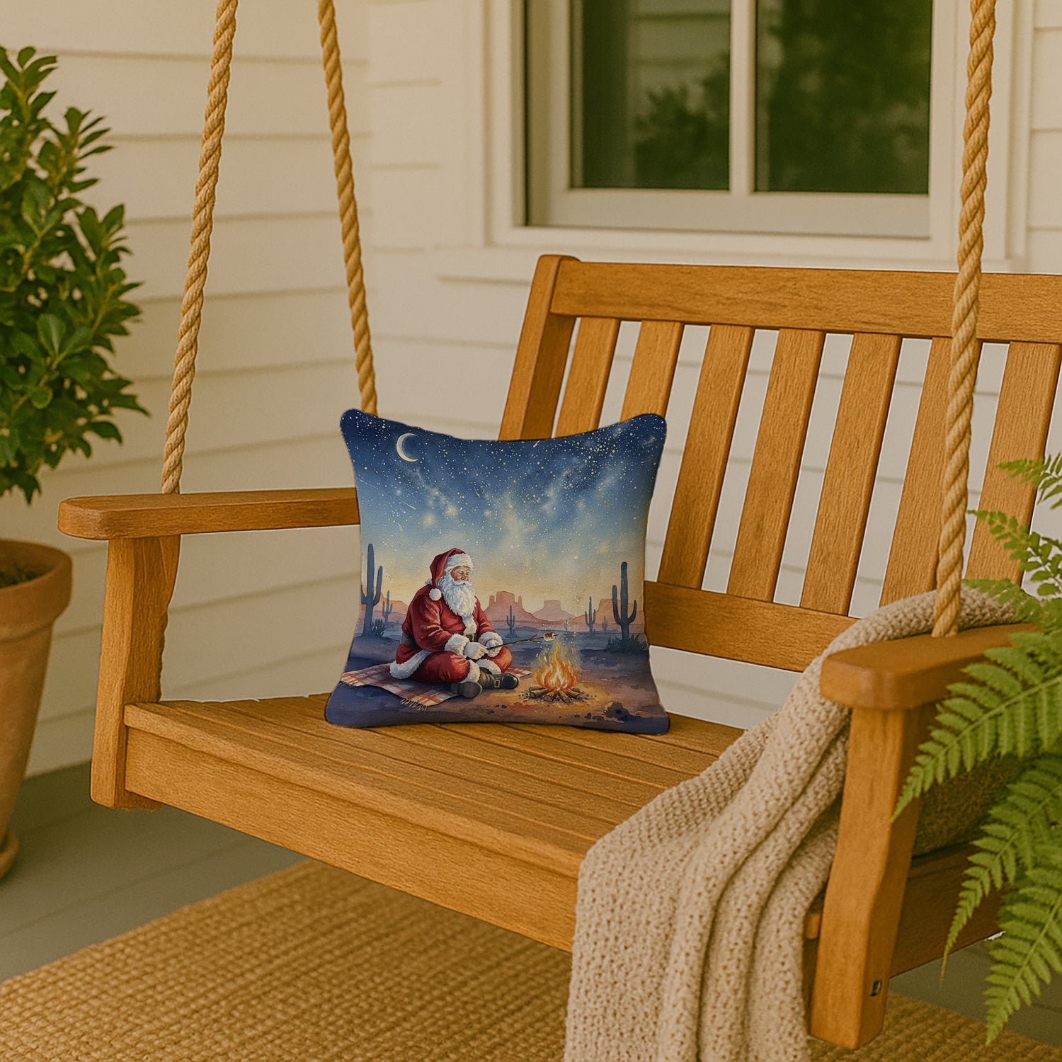 Santa Claus by the Campfire Christmas Decorative Throw Pillow 14x14 Indoor Outdoor Accent Cushion, Fabric Cover with Insert for Sofa, Bed, Porch & Living Room