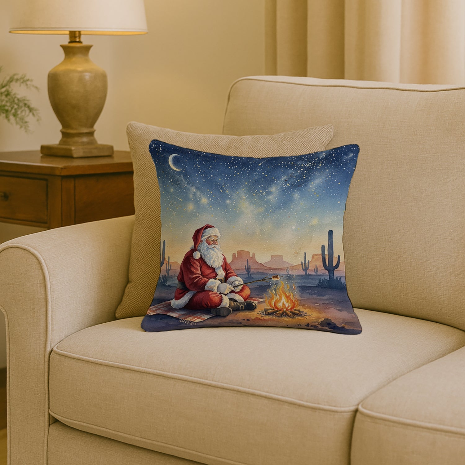 Santa Claus by the Campfire Christmas Decorative Throw Pillow 18x18 Indoor Outdoor Accent Cushion, Fabric Cover with Insert for Sofa, Bed, Porch & Living Room