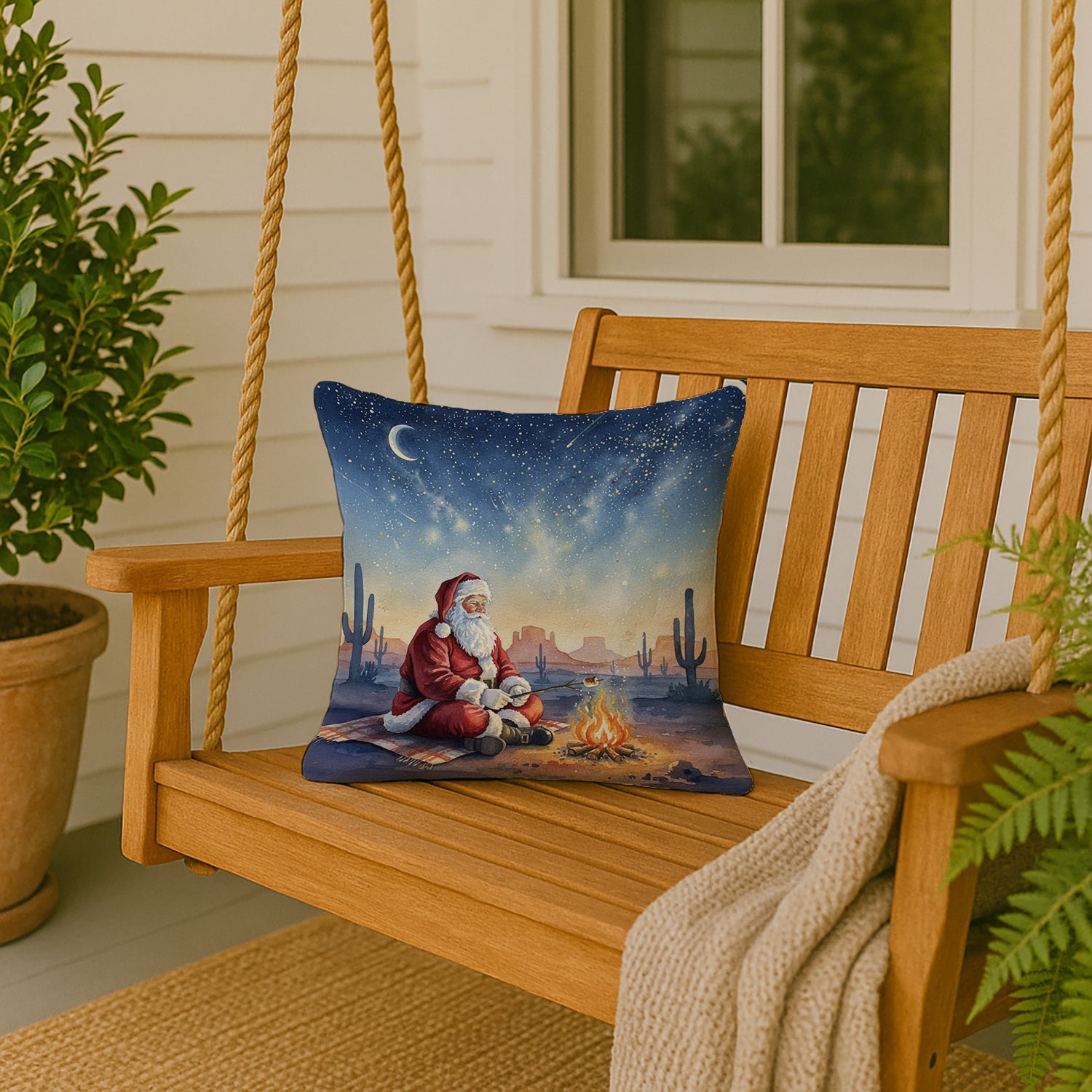 Santa Claus by the Campfire Christmas Decorative Throw Pillow 18x18 Indoor Outdoor Accent Cushion, Fabric Cover with Insert for Sofa, Bed, Porch & Living Room