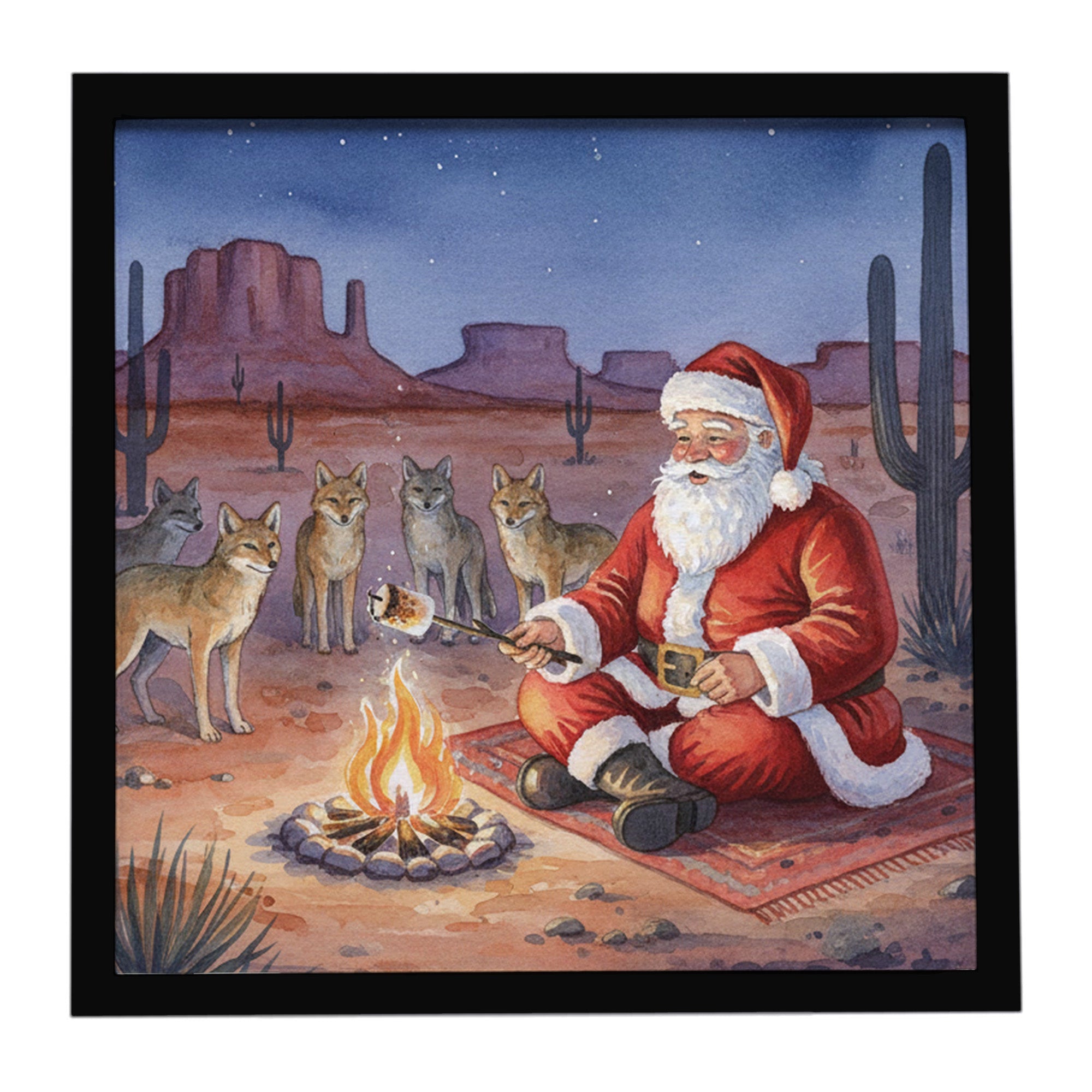 Santa Claus by the Campfire Under the Stars Christmas Framed Metal Print Bathroom, Kitchen, Office, Home Decor Wall Art Ready to Hang, Square, 8X8